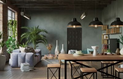 Espacio decorado con muebles de estilo industrial